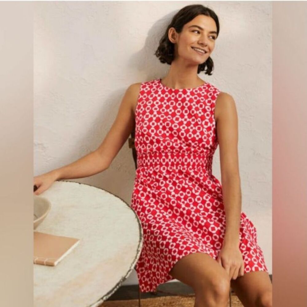 Boden Smocked Waist Mini Dress Bright Coral Mosaic Print 4R